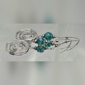 Spiral Silver and Teal Beaded Earrings